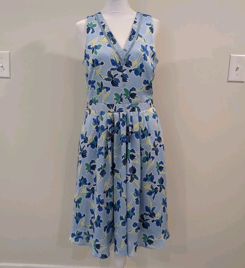 Banana Republic Womens 6 Floral Print Fit & Flare Dress Blue Sleeveless V-Neck